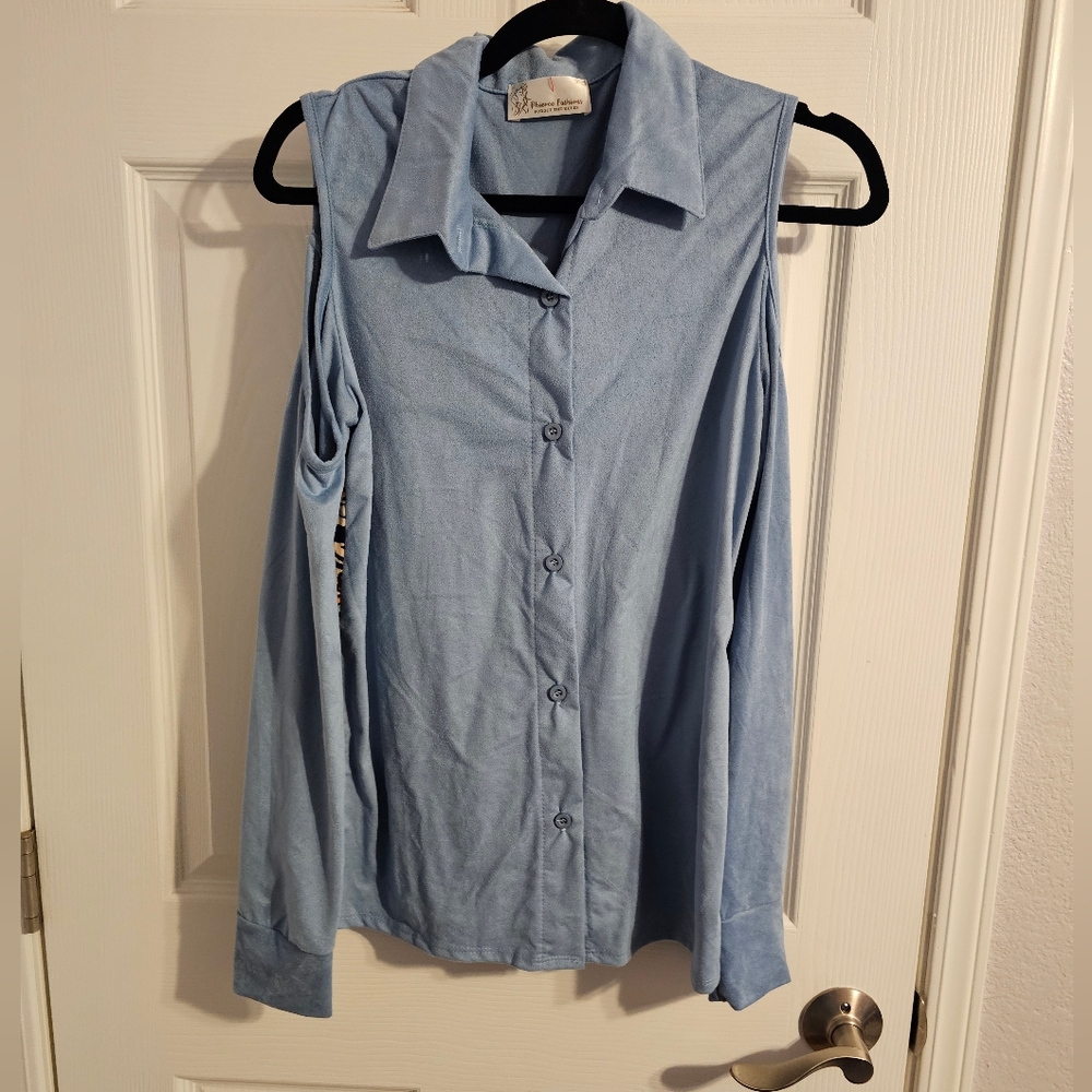Stylish Blue Cold Shoulder Button Down Shirt
